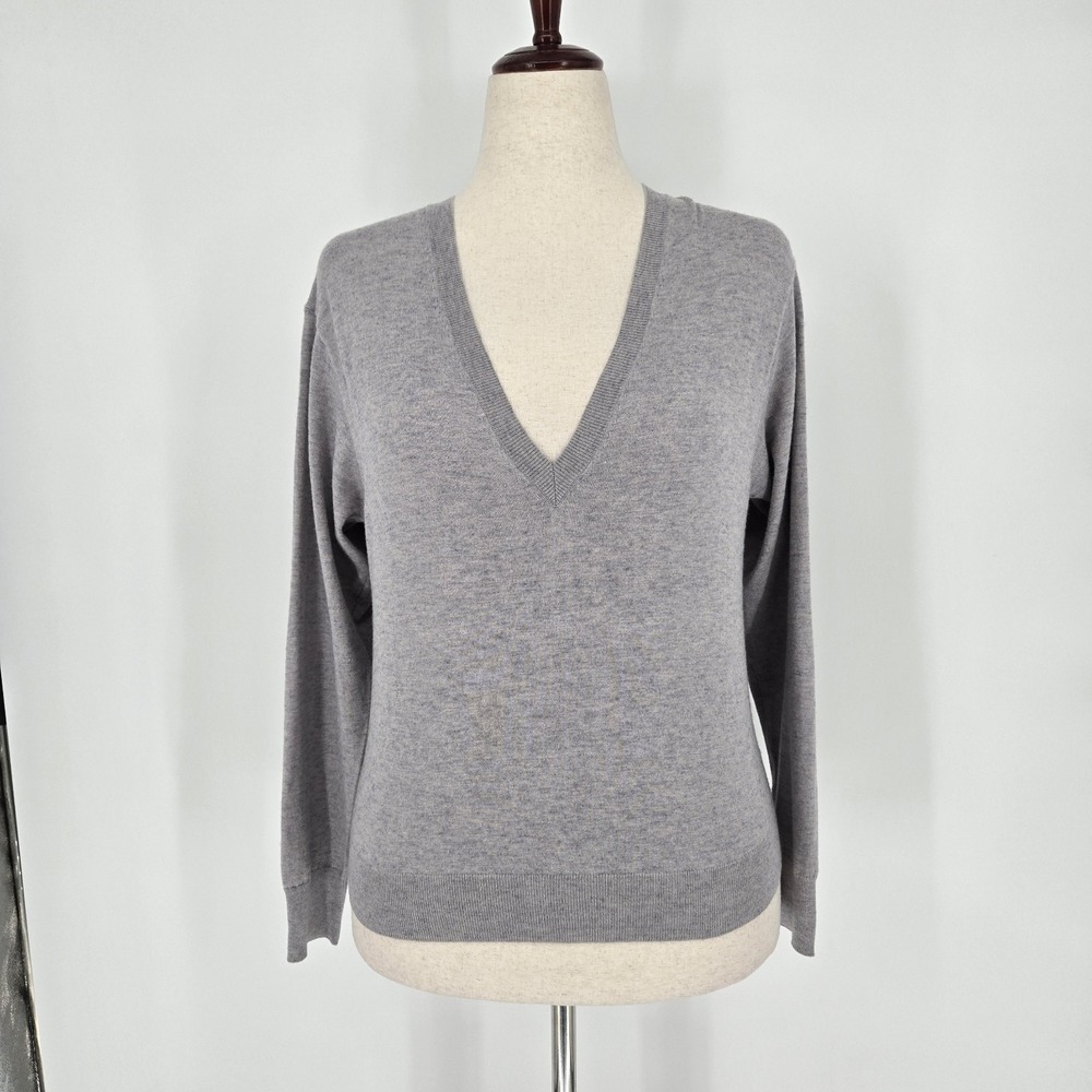 Thakoon Pullover V-Neck Sweater Cotton Wool Blend Heather Gray Large KN09LH NWT